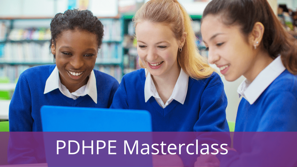 PDHPE Masterclass students around a laptop